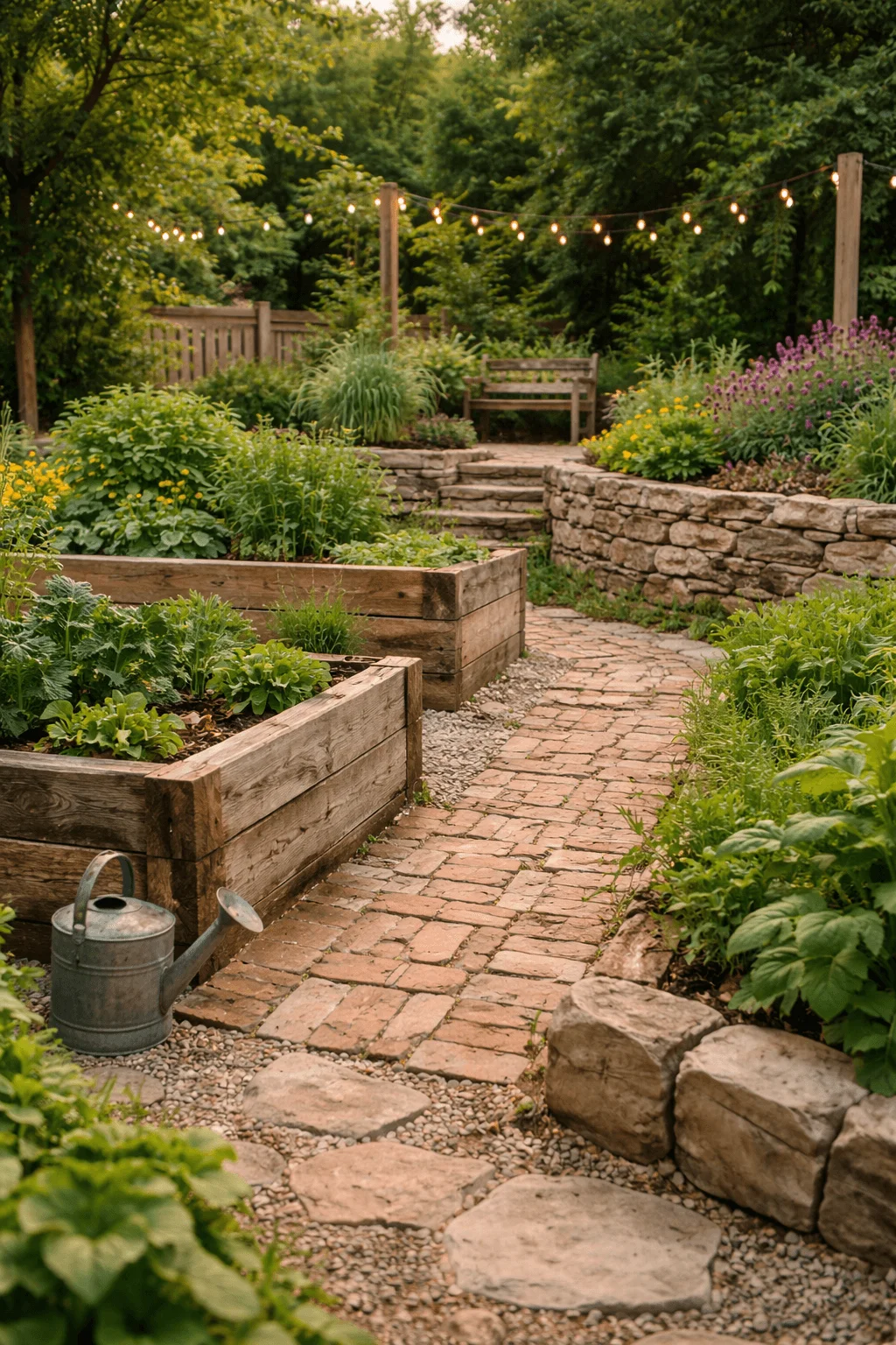 Reclaimed brick pathway winding through a lush garden with raised wooden planter beds made from weathered timber and stacked stone retaining walls, a metal watering can resting on gravel, and warm string lights hanging above near a wooden bench surrounded by greenery