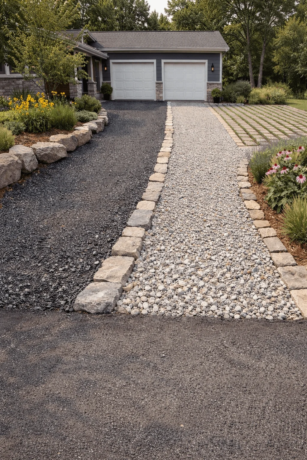 Driveway made with recycled materials featuring sections of crushed asphalt light gravel and grass pavers bordered by stone edging in front of a suburban home with landscaped garden