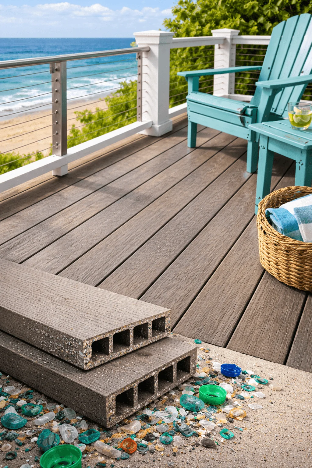 Oceanfront deck made from recycled plastic composite boards, with sample cross-sections displayed beside scattered reclaimed ocean plastic fragments and beach views in the background.