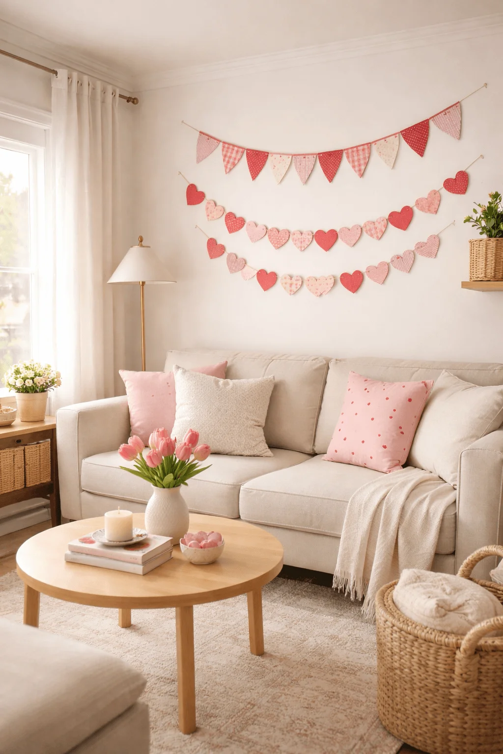 Cozy living room with heart garlands on the wall soft pink pillows on a beige sofa and a round wooden coffee table with tulips and candles