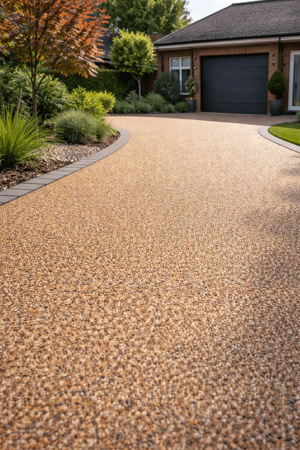 Resin bound natural aggregate driveway with smooth permeable surface in front of a brick home with landscaped garden and curved border edging