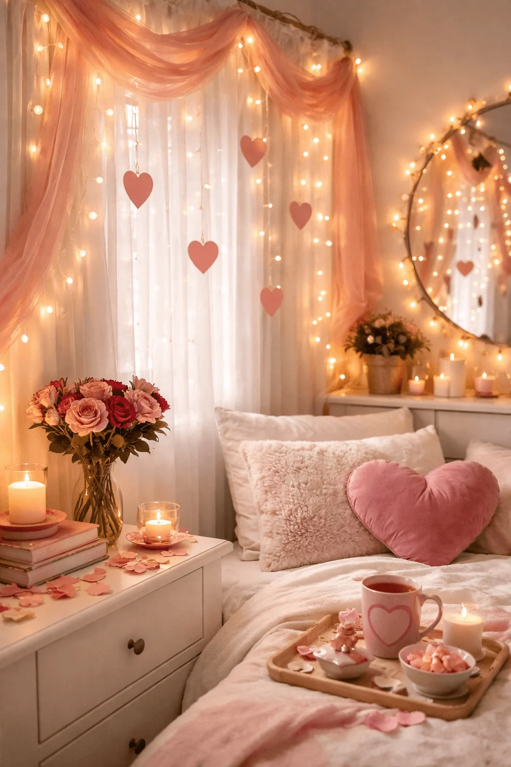 Romantic bedroom decor with pink string lights heart garlands soft bedding candles roses and cozy Valentine themed accents