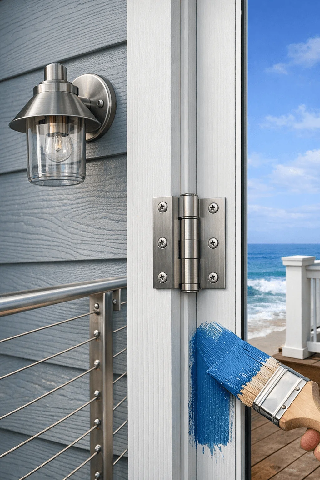 Close-up of a coastal home exterior featuring salt-tolerant, low-maintenance finishes, including stainless steel hardware, a marine-grade light fixture, and durable painted trim. A brush applies protective blue paint to the door frame, with the ocean visible in the background, highlighting materials designed to withstand salty seaside conditions.