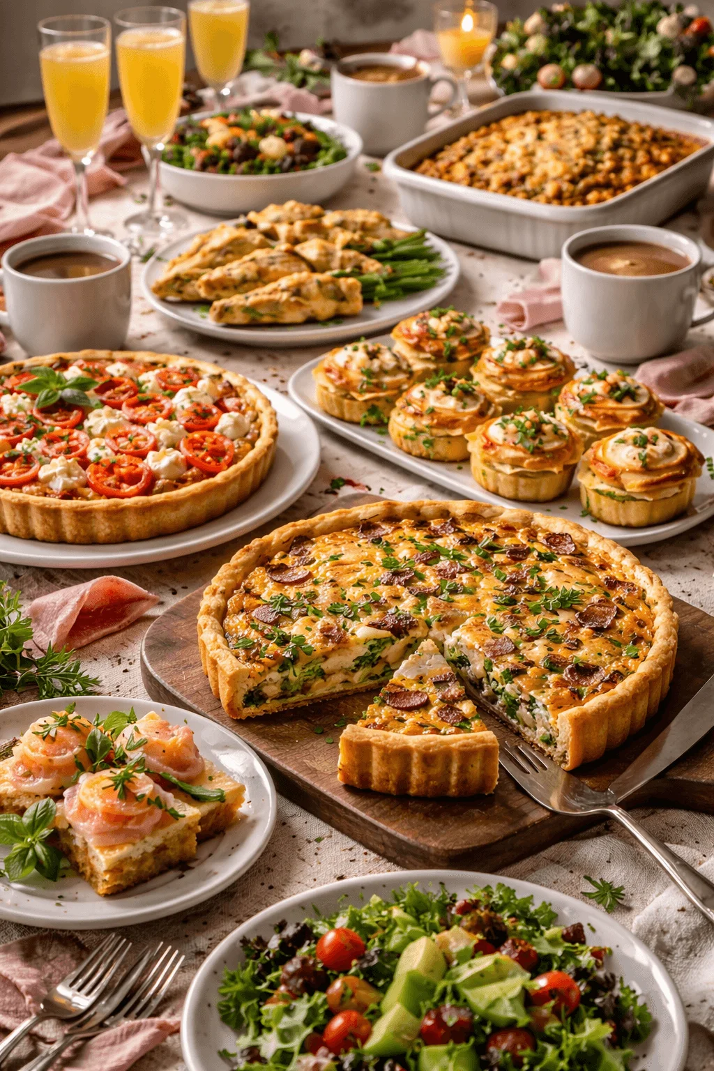 Savory brunch spread with quiches tarts smoked salmon toast salads muffins coffee and sparkling drinks on a cozy table