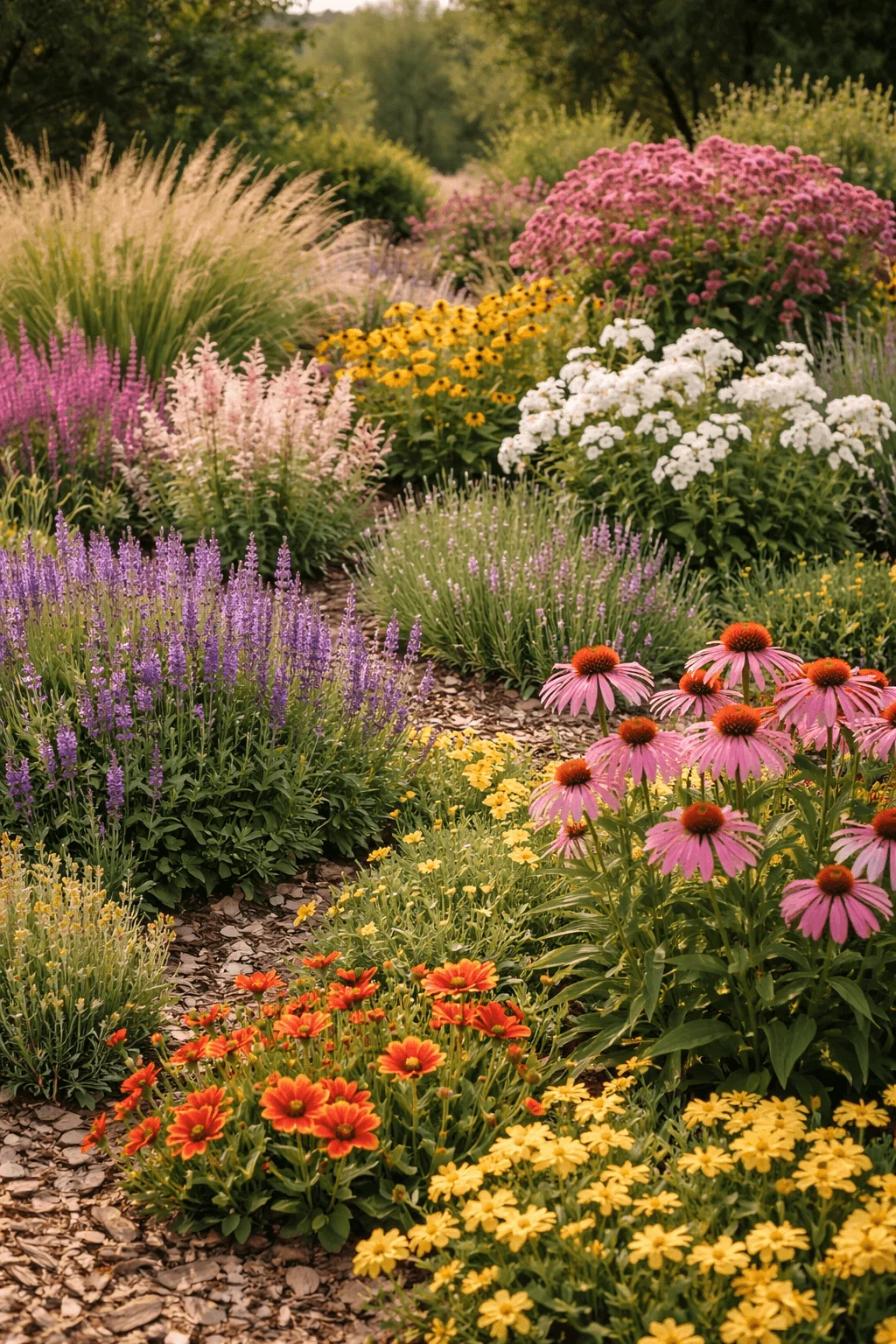 Colorful perennial garden designed for seasonal succession, featuring blooming coneflowers, black-eyed Susans, salvia, ornamental grasses, and clusters of white and pink flowers arranged in layered drifts along a natural mulch pathway, ensuring continuous color and texture throughout the growing season