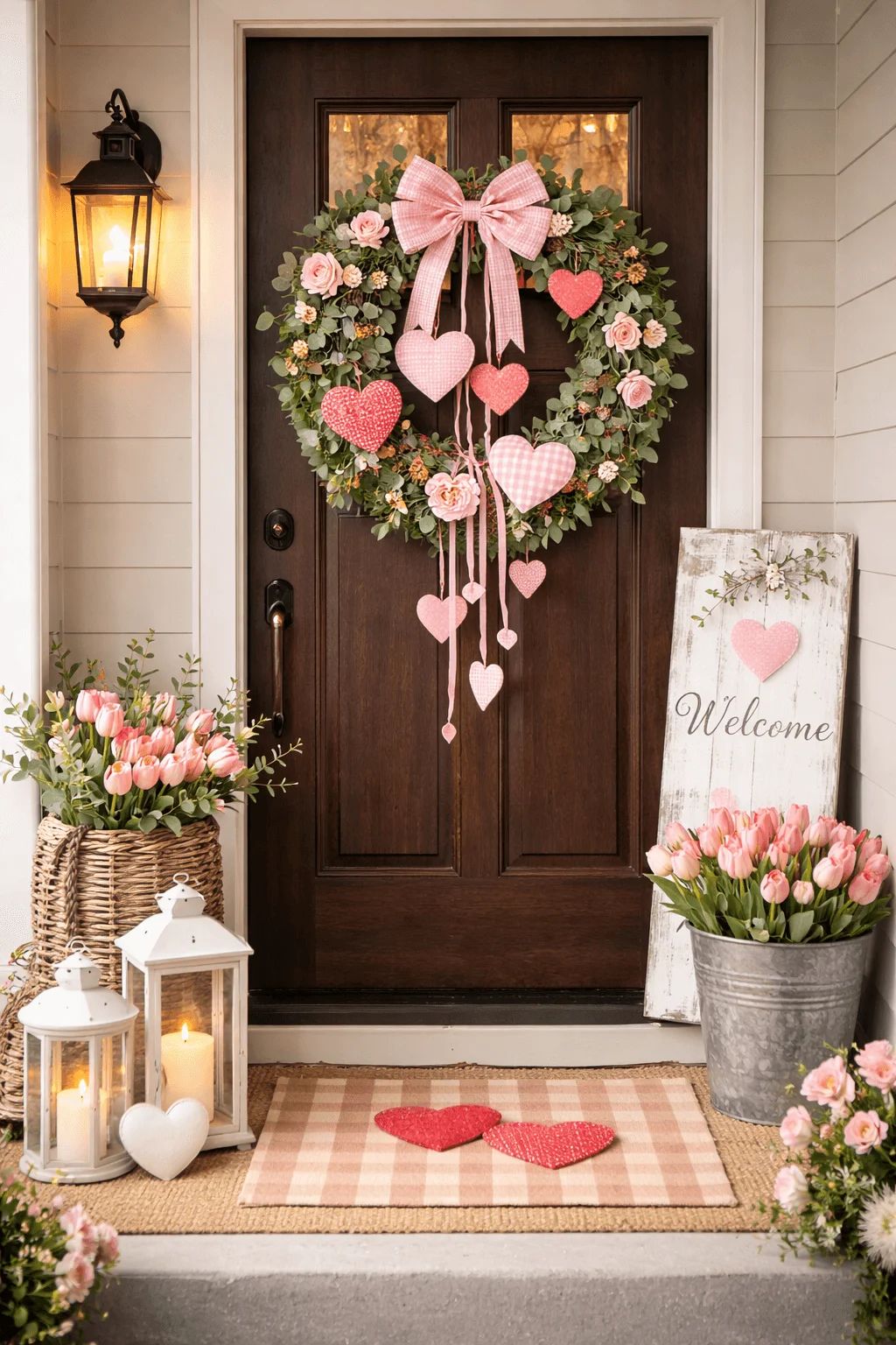 Valentine porch decor with a heart wreath pink bows tulip planters lanterns and a welcome sign by the front door
