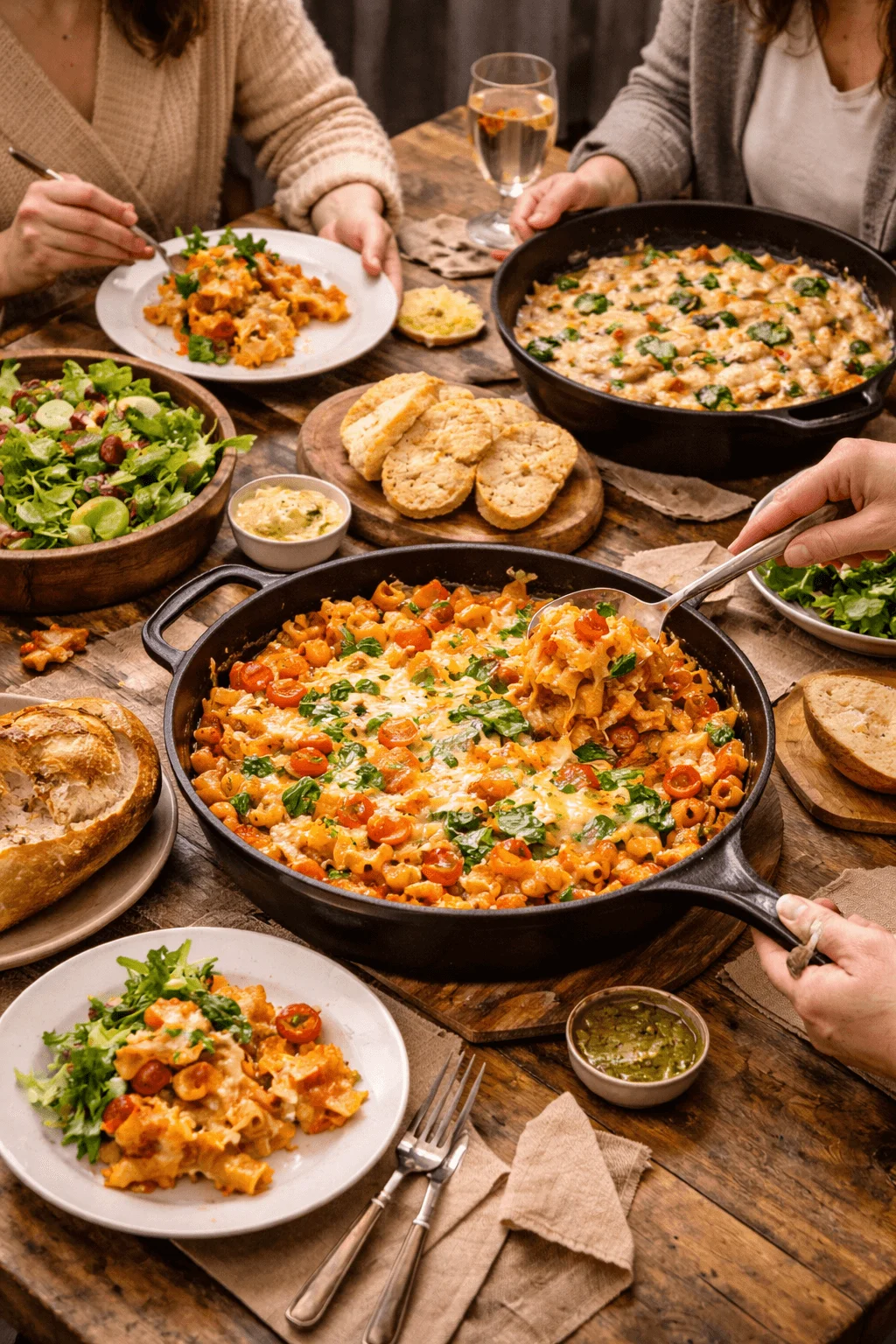 Shared skillet lunch with baked pasta fresh salads bread and friends serving food at a rustic table