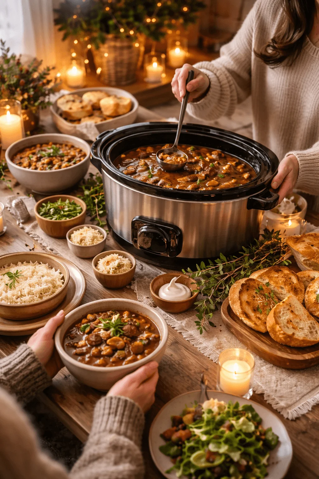 Slow cooker winter lunch with hearty stew rice fresh herbs crusty bread candles and cozy table setting