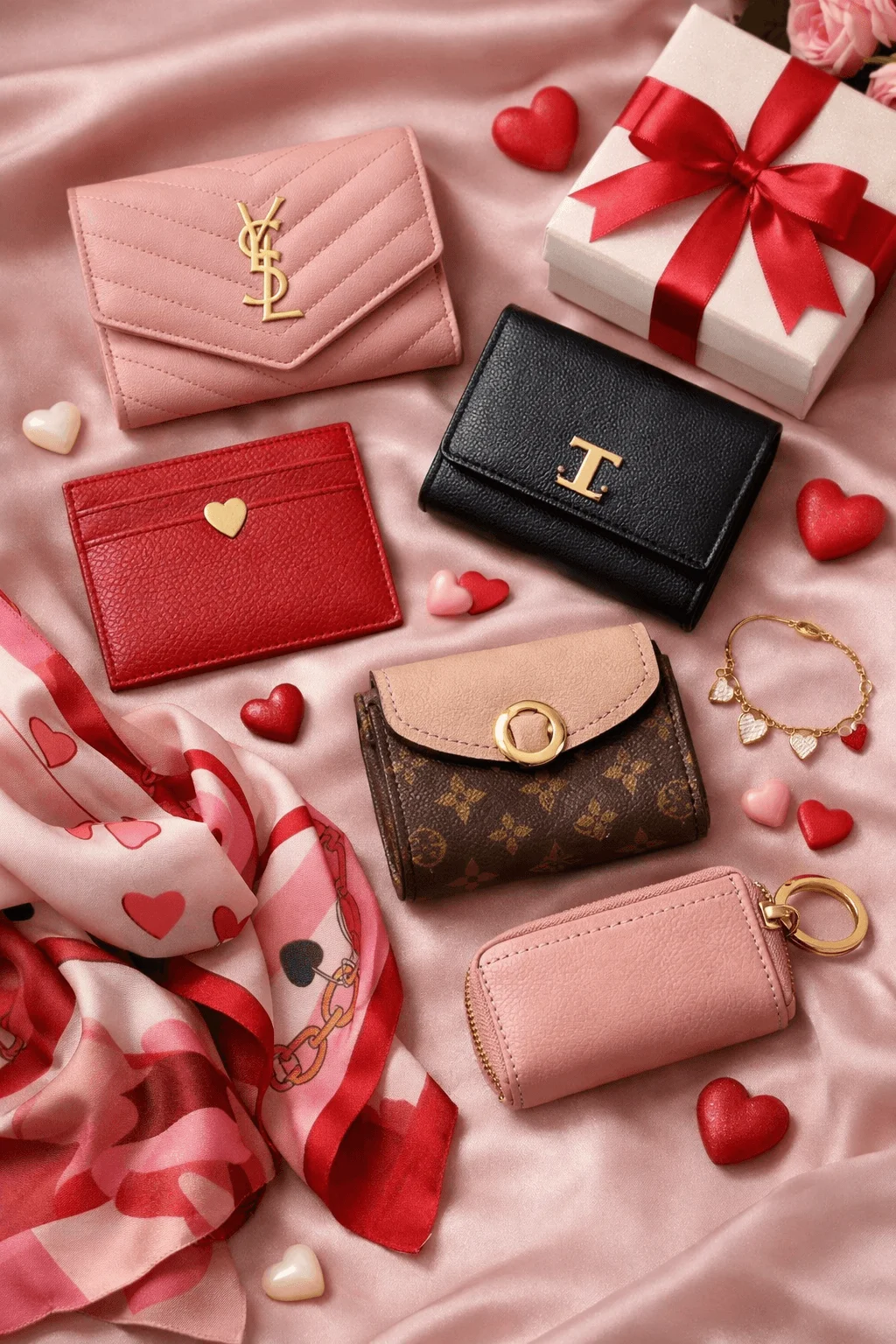 Flat lay of small luxury fashion accessories including pink and black leather wallets, red cardholder, monogram coin purse, pink zip pouch, heart charm bracelet, silk scarf, and wrapped gift box on a soft pink fabric background with heart decorations