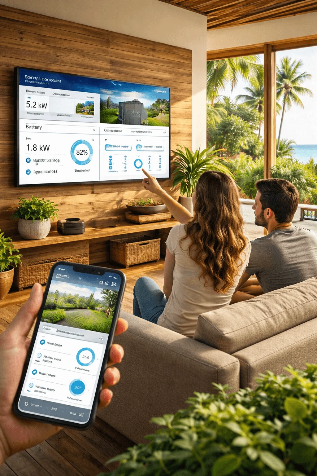 Couple in a tropical beach house monitoring solar energy and battery usage on a wall-mounted smart home dashboard and smartphone app, with palm trees and ocean visible outside.