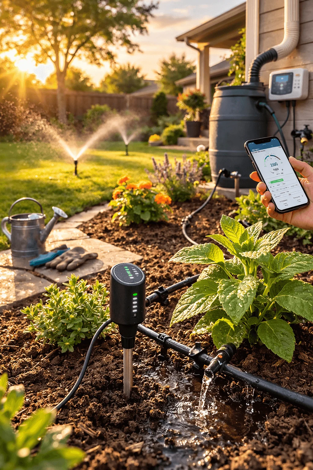 Smart irrigation system in a backyard garden with soil moisture sensor and drip lines watering plants while sprinklers run in the background and a person controls the system using a smartphone app near a rain barrel at sunset