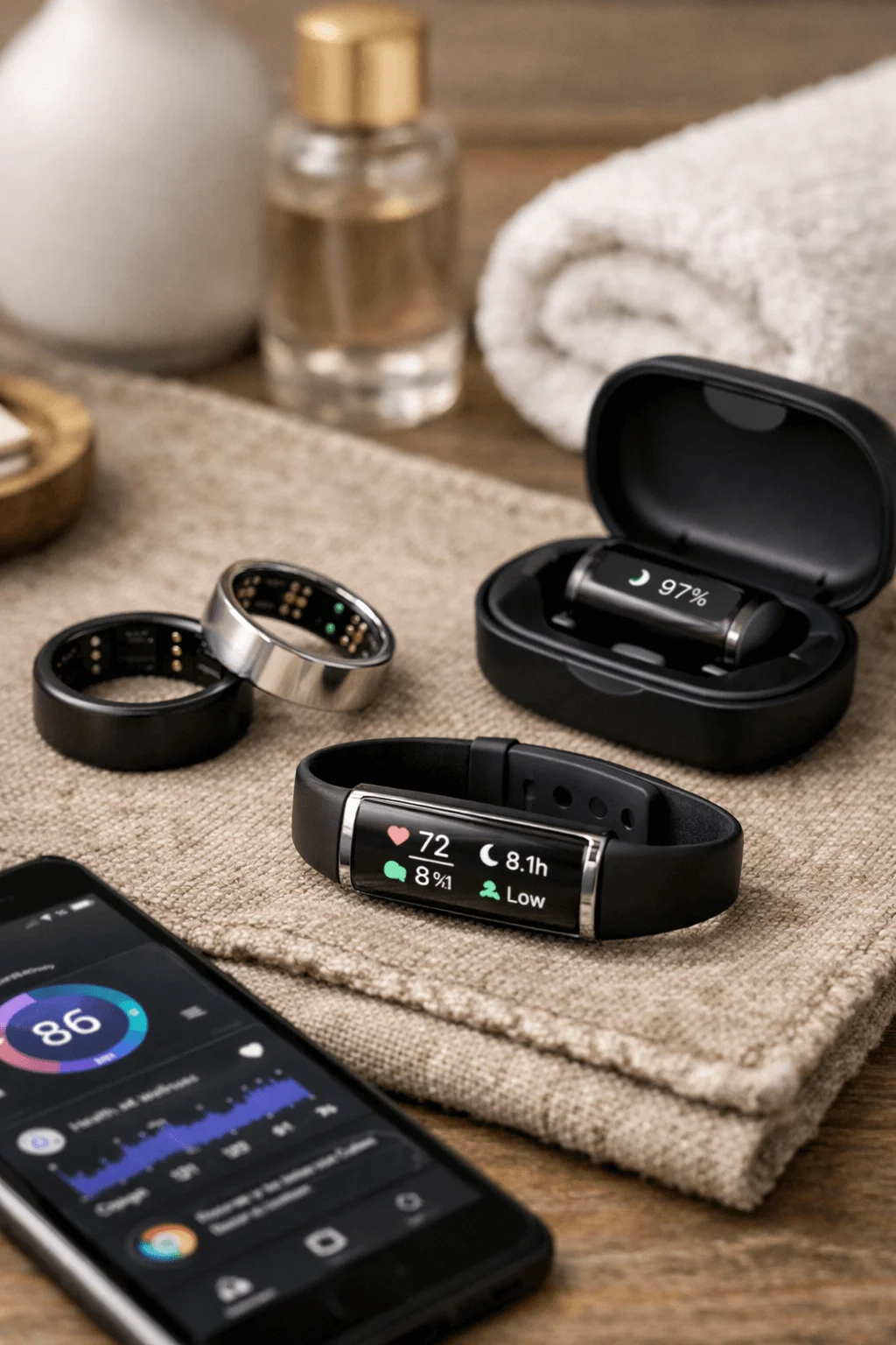 Flat lay of smart wellness wearables including fitness trackers, smart rings, a charging case, and a smartphone displaying health metrics on a textured fabric surface with towels and bottles in the background
