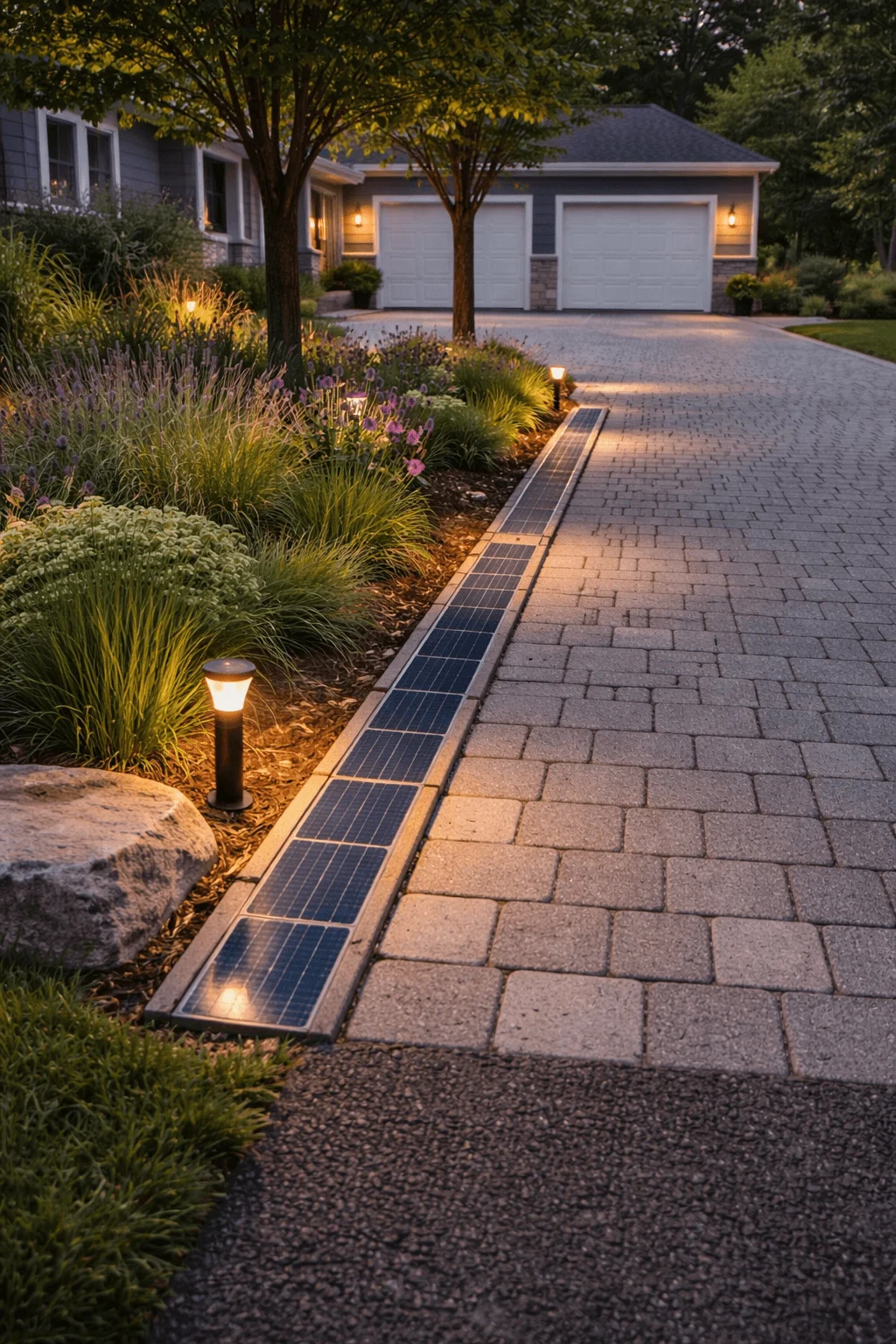 Residential driveway with interlocking concrete pavers featuring integrated solar edge strips embedded along the border, powering warm landscape lighting beside ornamental grasses, flowering plants, and a modern suburban home with a three car garage at dusk