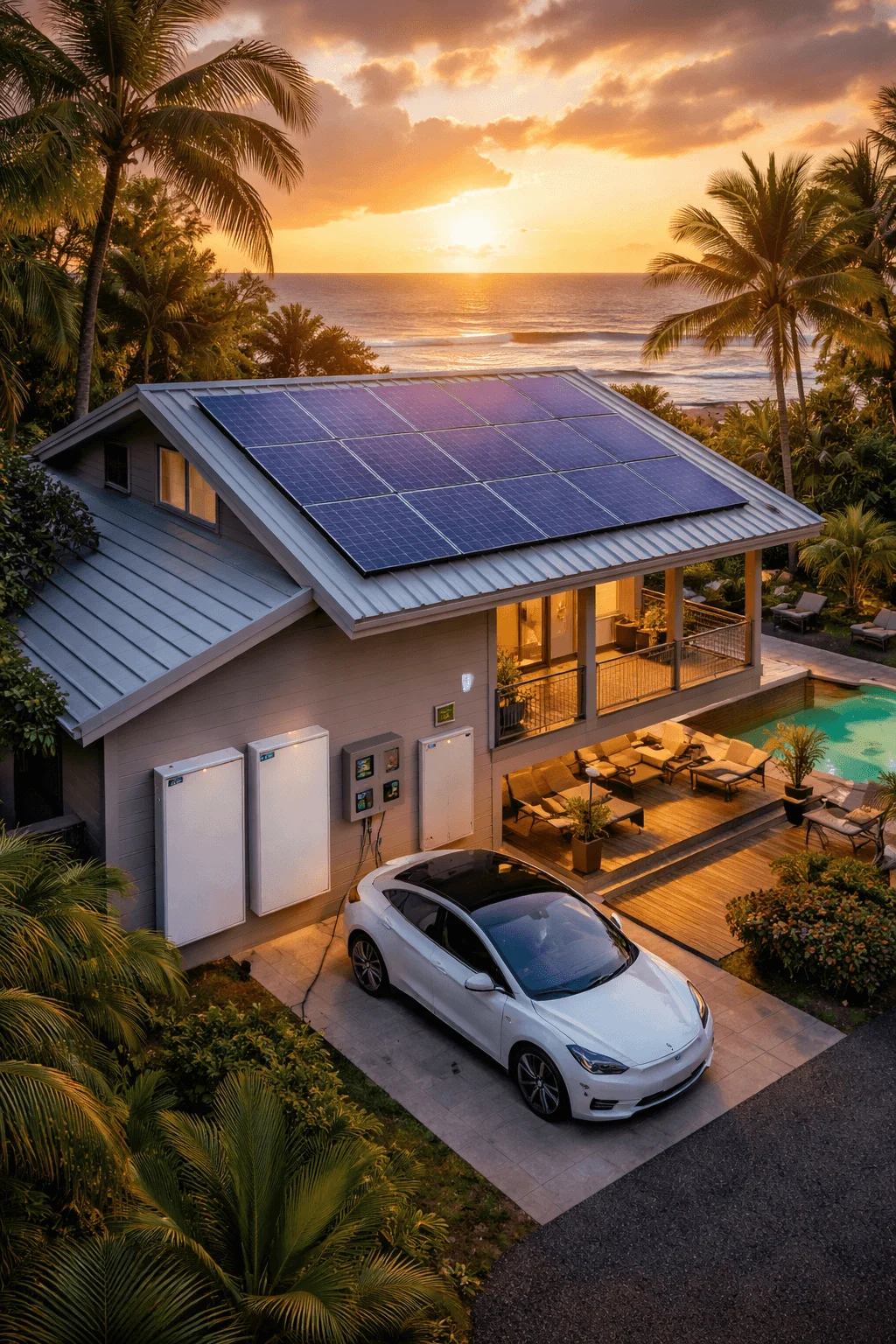 Modern tropical coastal home at sunset featuring rooftop solar panels connected to wall-mounted battery storage units, forming a residential microgrid system. An electric vehicle is parked in the driveway charging, while warm interior lighting glows from the open balcony overlooking a pool and the ocean framed by palm trees.