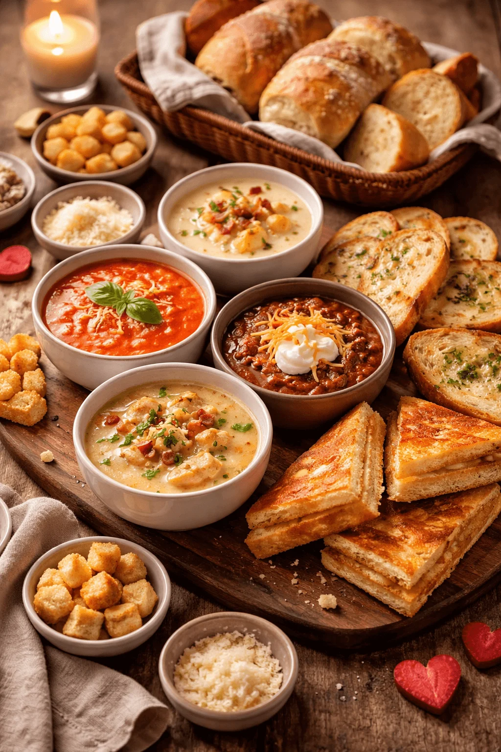Soup tasting spread with tomato soup chili creamy soups grilled cheese garlic bread croutons and candlelit rustic table