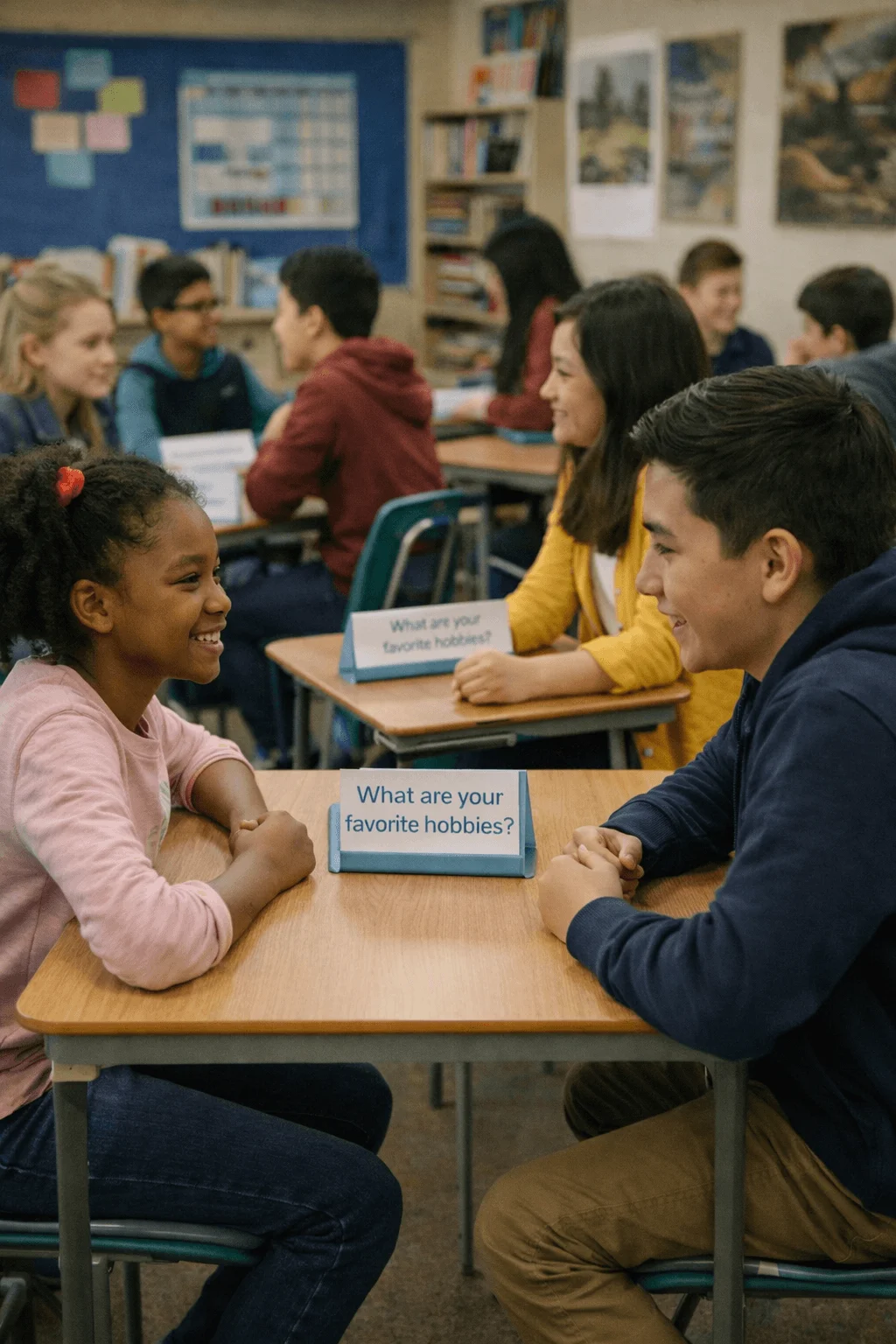 Students participating in speed friendship conversations in a classroom with prompt cards on desks and classmates chatting in pairs