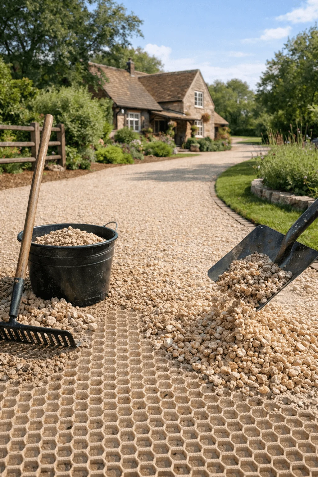 Stabilised gravel driveway installation with plastic grid base filled with stones in front of a country cottage with garden landscaping and tools visible