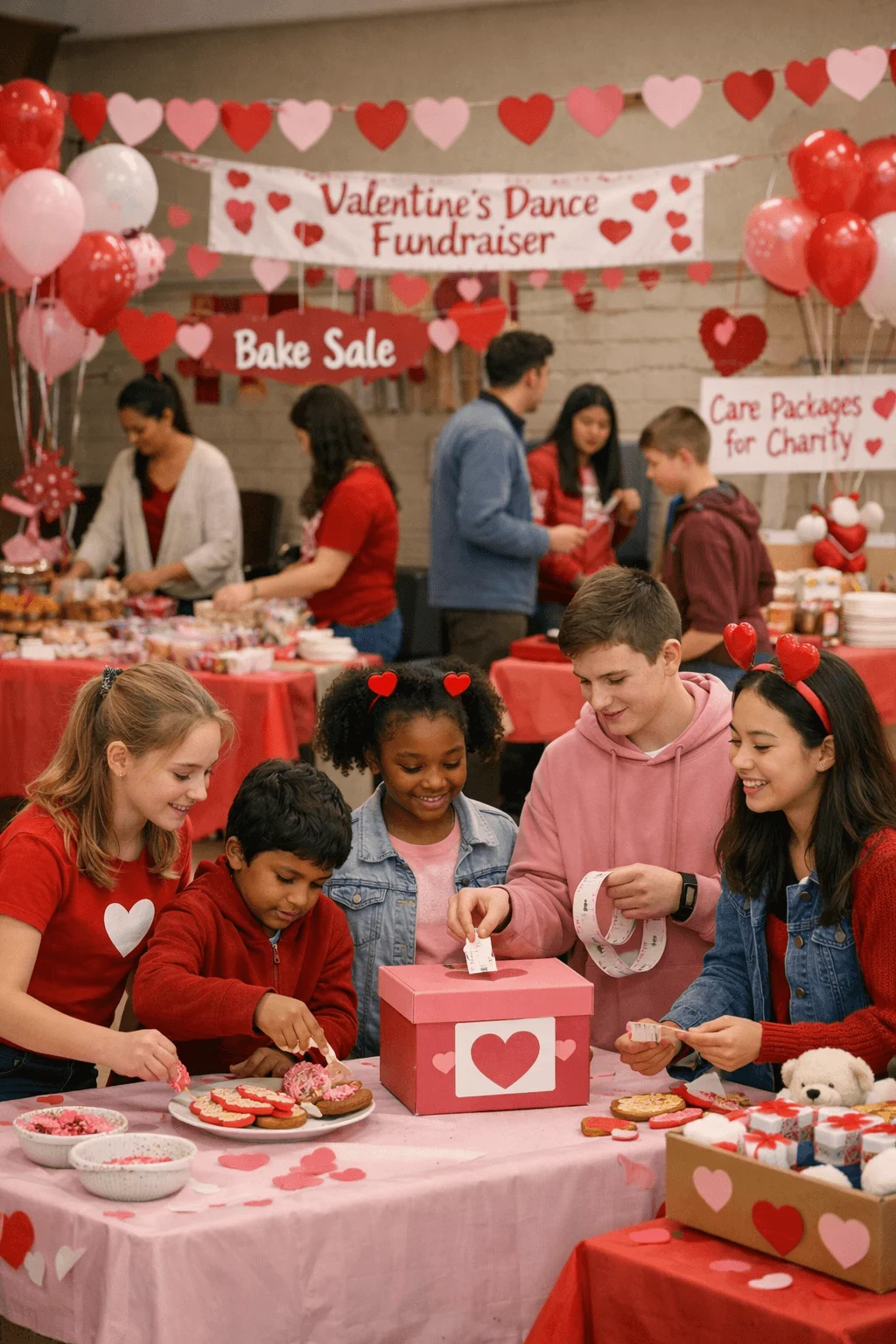 Students decorating cookies and collecting tickets at a Valentine themed school fundraiser with bake sale tables and heart decorations