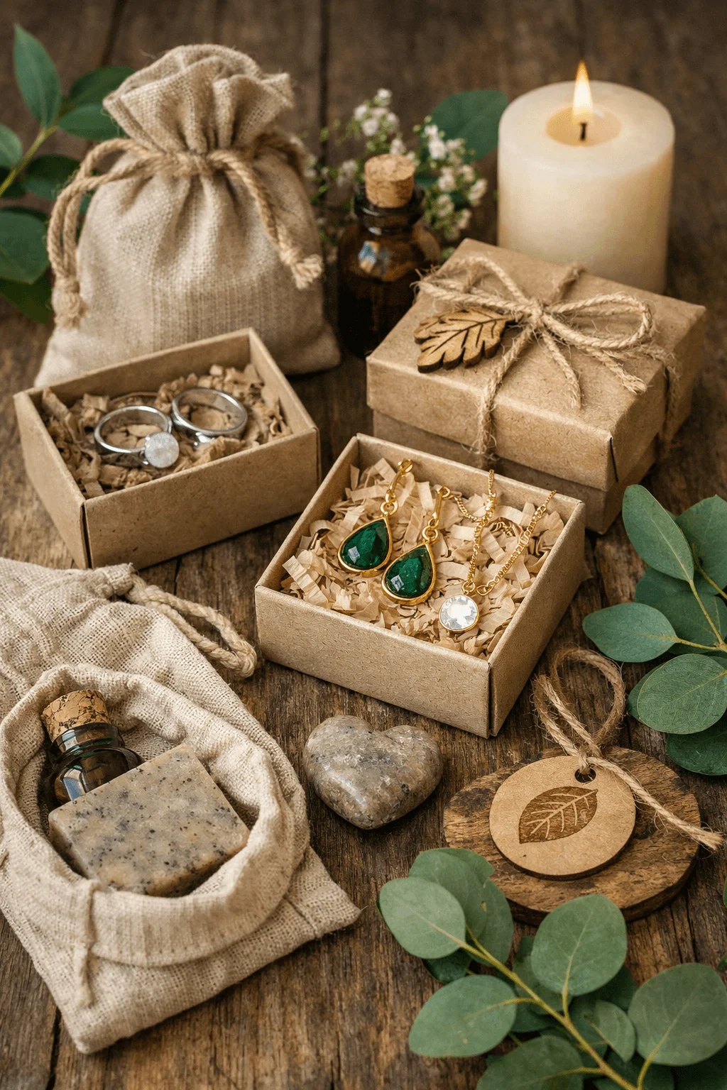 Eco friendly gift arrangement with sustainable jewelry, gemstone earrings, rings, natural soap, essential oils, candle, and rustic packaging on a wooden surface