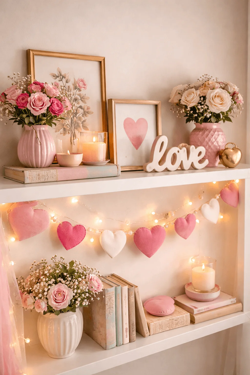 Thrifted shelf decor with pink floral vases framed heart art candles books and a felt heart garland with fairy lights