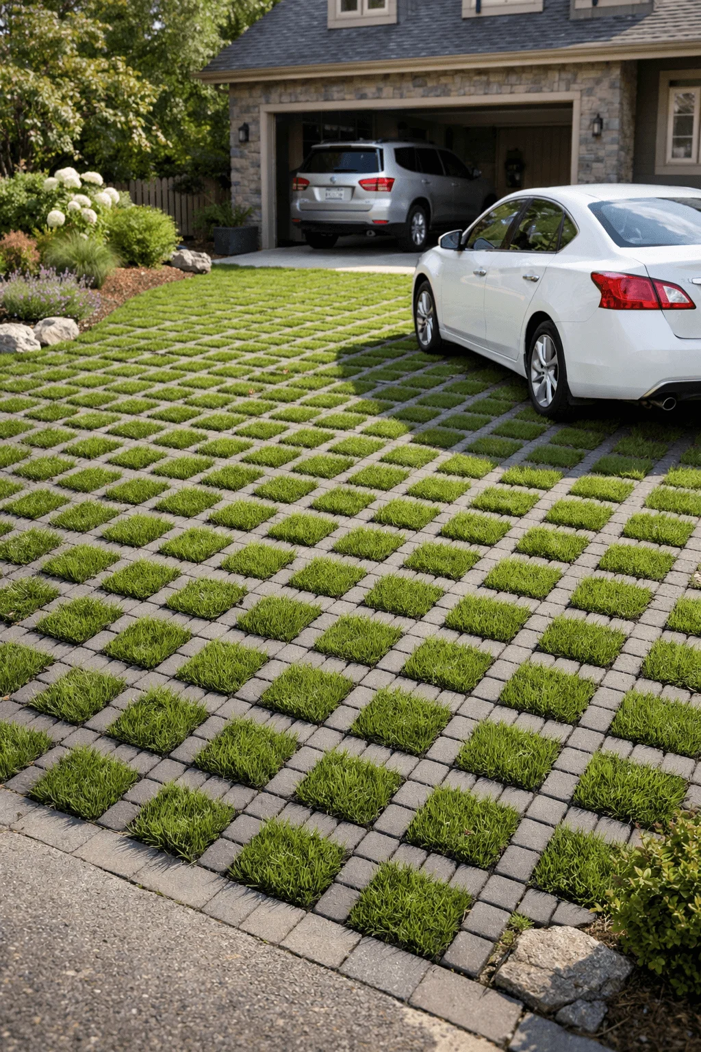 Grass paver driveway with grid concrete blocks filled with green turf supporting parked cars in front of a suburban home with landscaped yard
