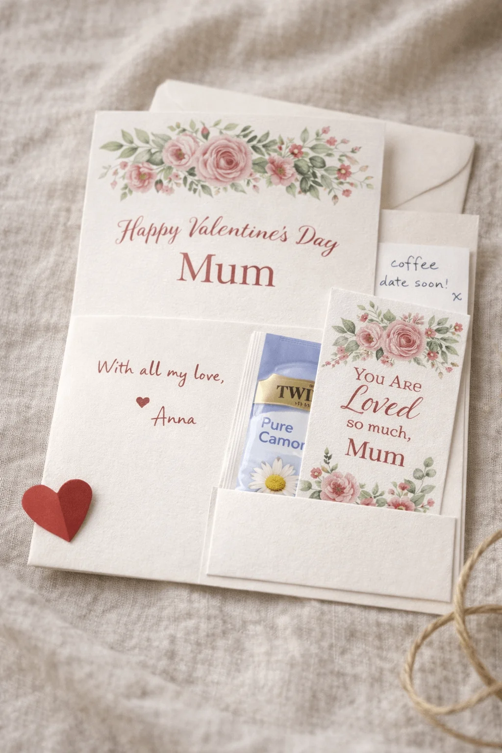 Valentine card for mum with pink floral design a small gift insert and a handwritten note on soft fabric background