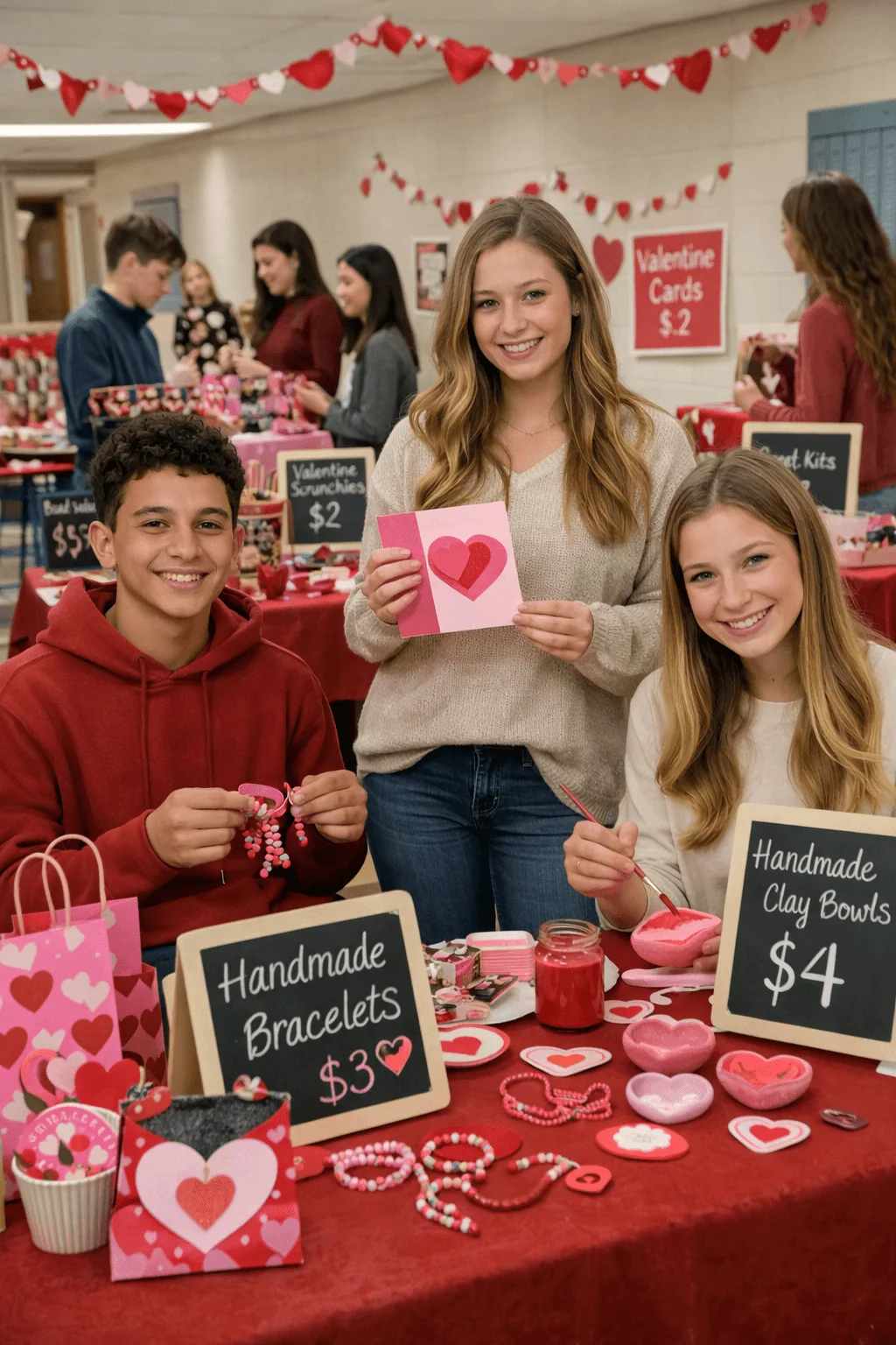 Students selling handmade Valentine crafts at a school market with bracelets clay bowls greeting cards and heart decorations