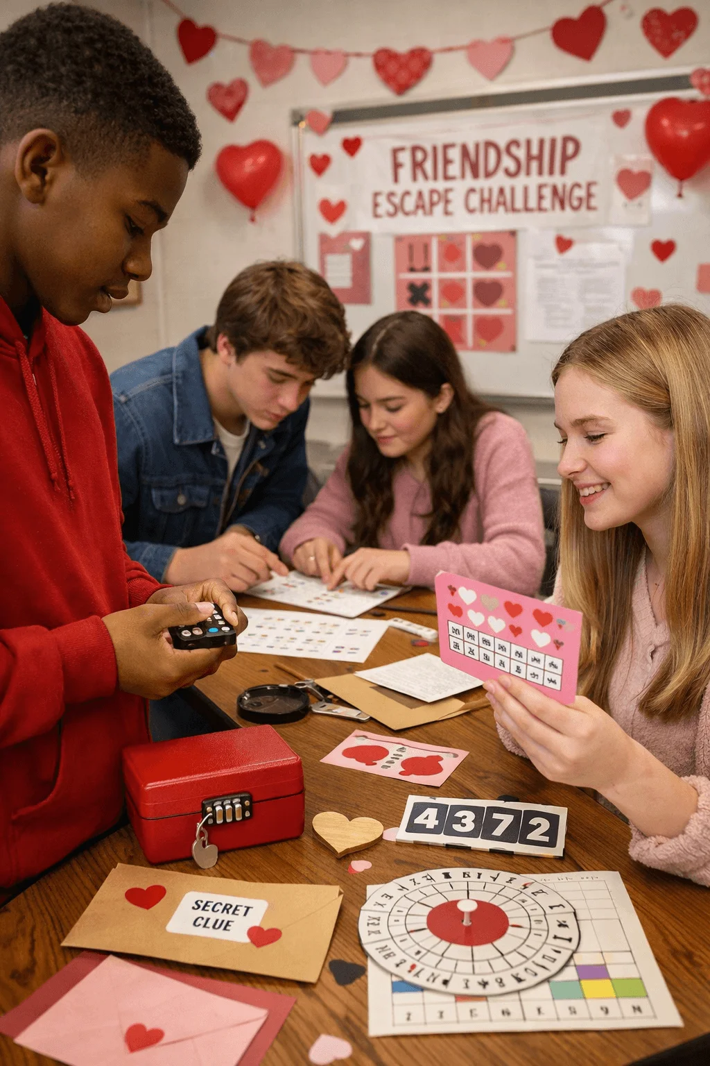 Students working together on a Valentine themed escape room challenge with heart puzzles, clue cards, and a lock box on a classroom table