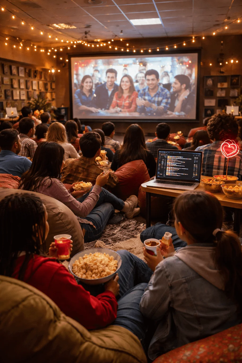 Group of students watching a Valentine themed movie together in a cozy room with string lights popcorn and snacks