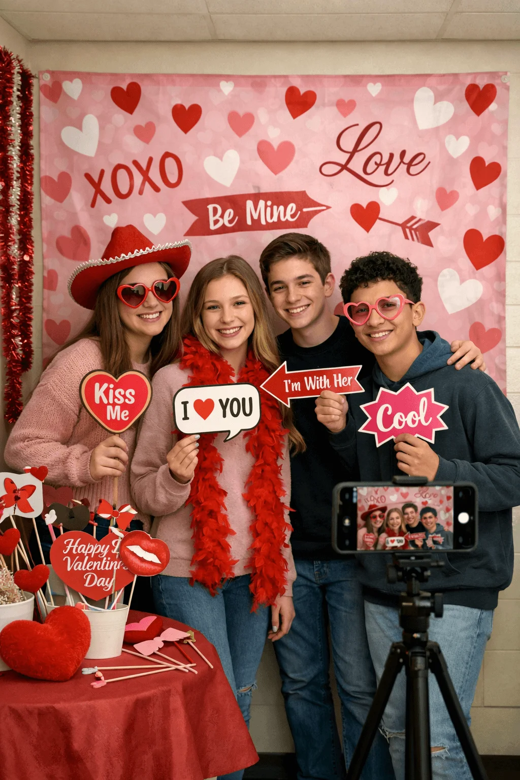 Group of high school students posing at a Valentine themed photo booth with heart props signs and festive decorations