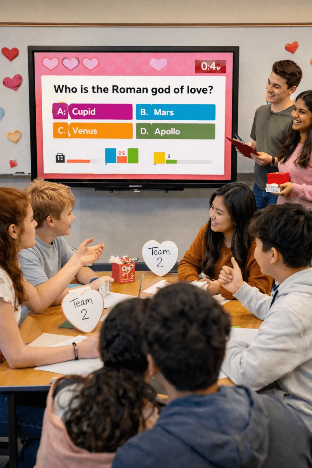 Students playing a Valentine themed trivia game in a classroom with teams answering questions on a screen and heart decorations around the room