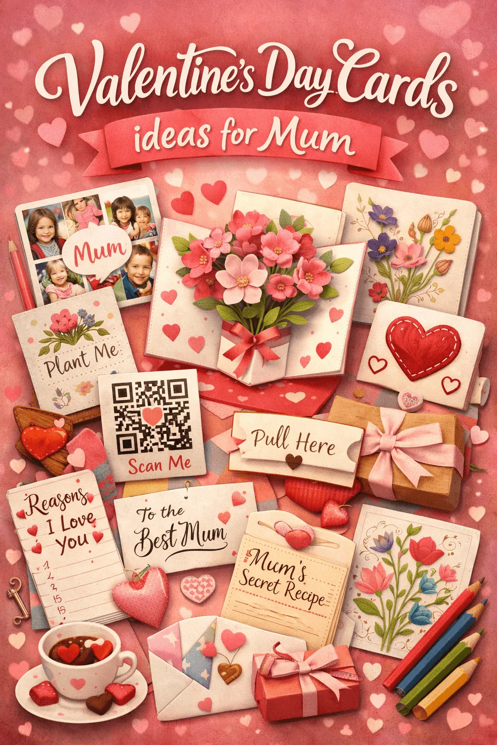 Valentine’s Day cards ideas for mum featuring handmade cards with flowers hearts photos gift boxes QR code scan me tag reasons I love you note pull here tab mum’s secret recipe card pencils and cozy tea cup on a pink heart background