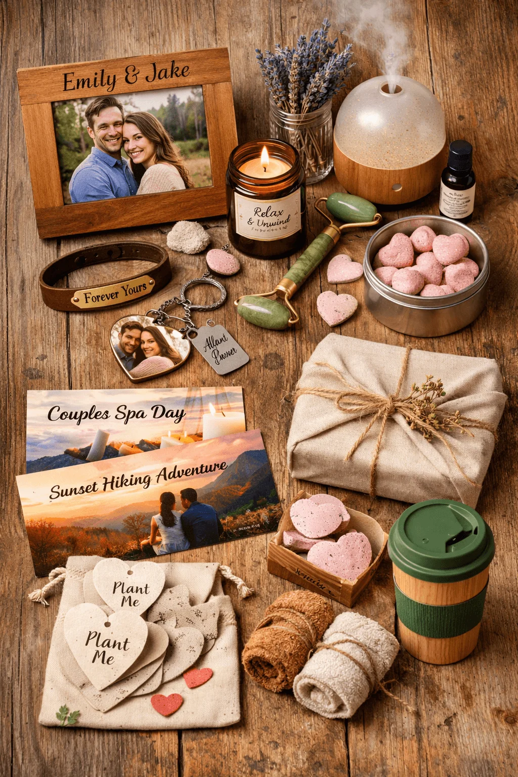 Flat lay of personalized Valentine’s Day gifts including a couple photo frame, engraved bracelet, heart keychains, spa items, scented candles, diffuser, bath bombs, experience cards, reusable coffee cup, towels, and plant seed tags on a wooden surface