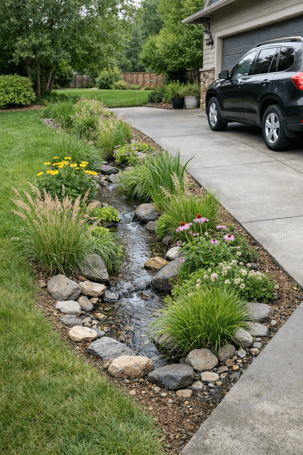 Vegetated swale beside residential driveway with flowing rainwater native plants rocks and flowers designed for natural drainage next to a parked car and suburban home