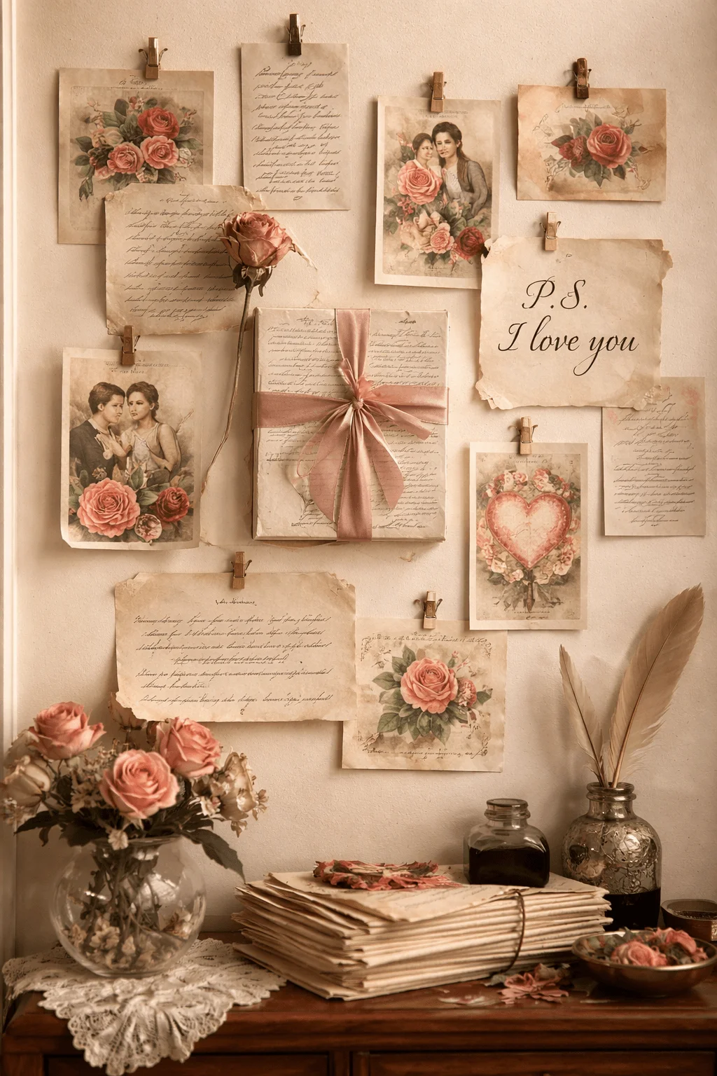 Vintage love letter wall with romantic postcards handwritten notes rose illustrations and a ps i love you print displayed with clips above a cozy desk setup