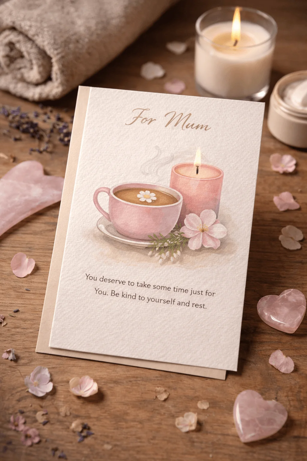 Wellness themed Valentine card for mum with a pink tea cup candle flowers relaxing spa setting and a self care message on textured paper