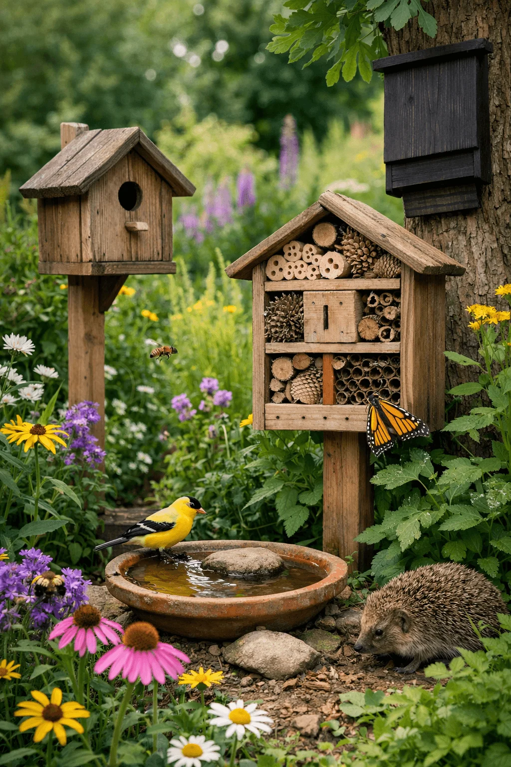 Wildlife friendly garden with a birdhouse bee hotel and water dish surrounded by flowers featuring a goldfinch drinking a monarch butterfly a bee and a hedgehog near a tree