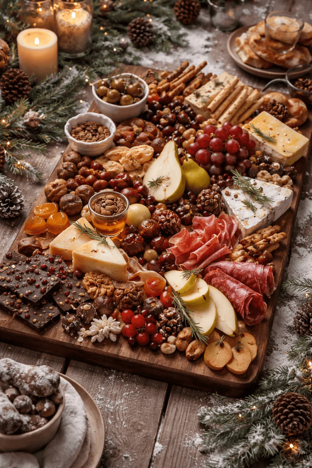 Winter charcuterie board with cheeses cured meats fresh fruit nuts chocolate and candles on a rustic wooden table