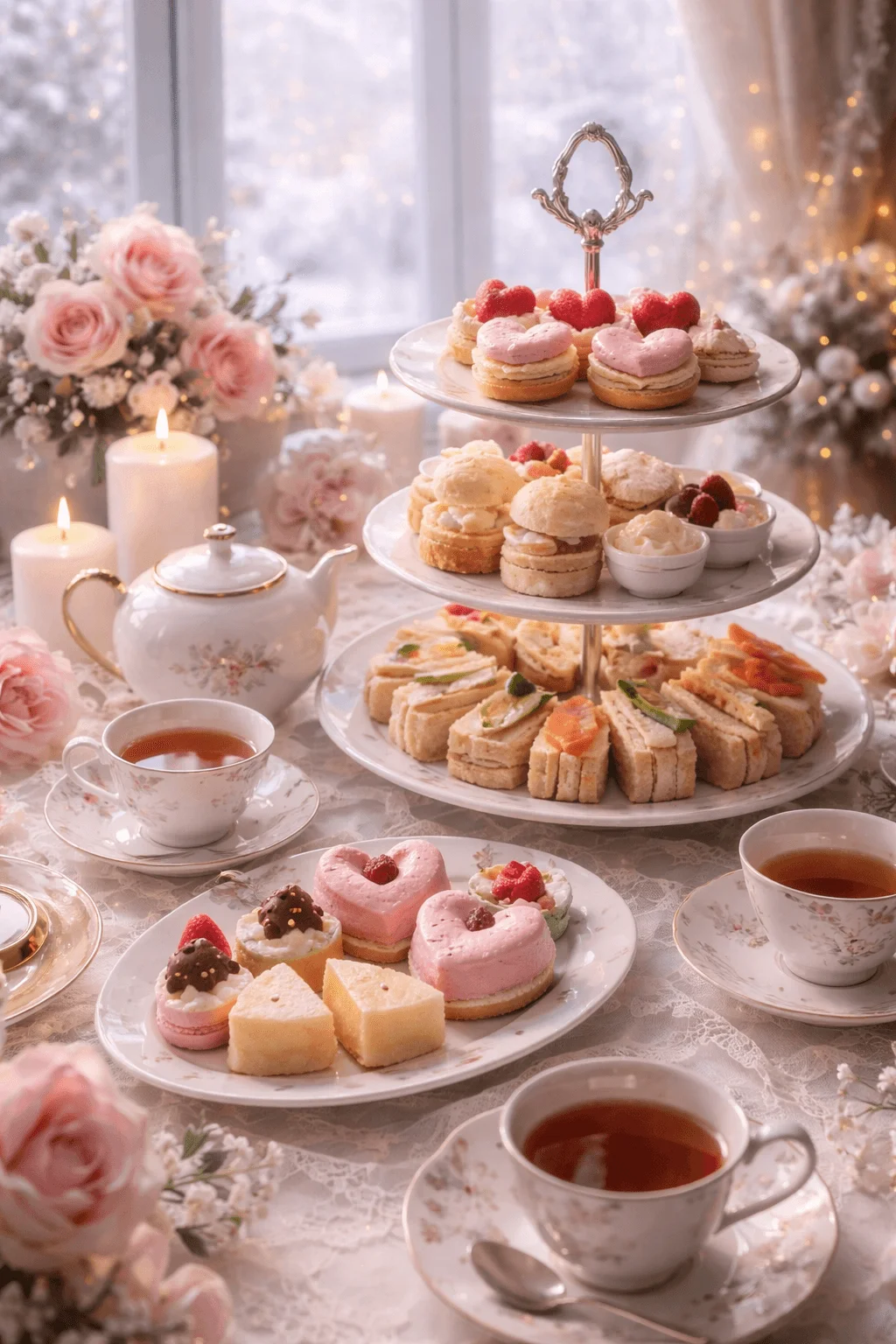 Elegant winter tea party table with tiered tray of heart shaped pastries finger sandwiches teacups candles and pink floral decor