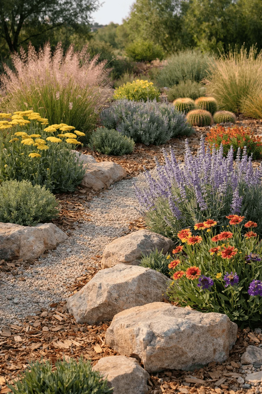 Xeriscape garden with a gravel pathway bordered by large rocks drought tolerant plants ornamental grasses lavender yellow and red flowers and round cacti in a sunny natural landscape