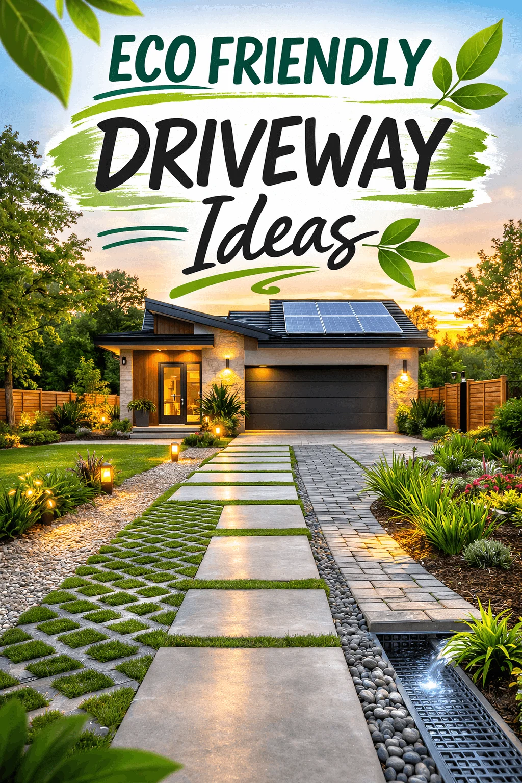 Modern home with solar panels and eco friendly driveway featuring concrete pavers grass grid stones decorative gravel native landscaping and a drainage channel at sunset