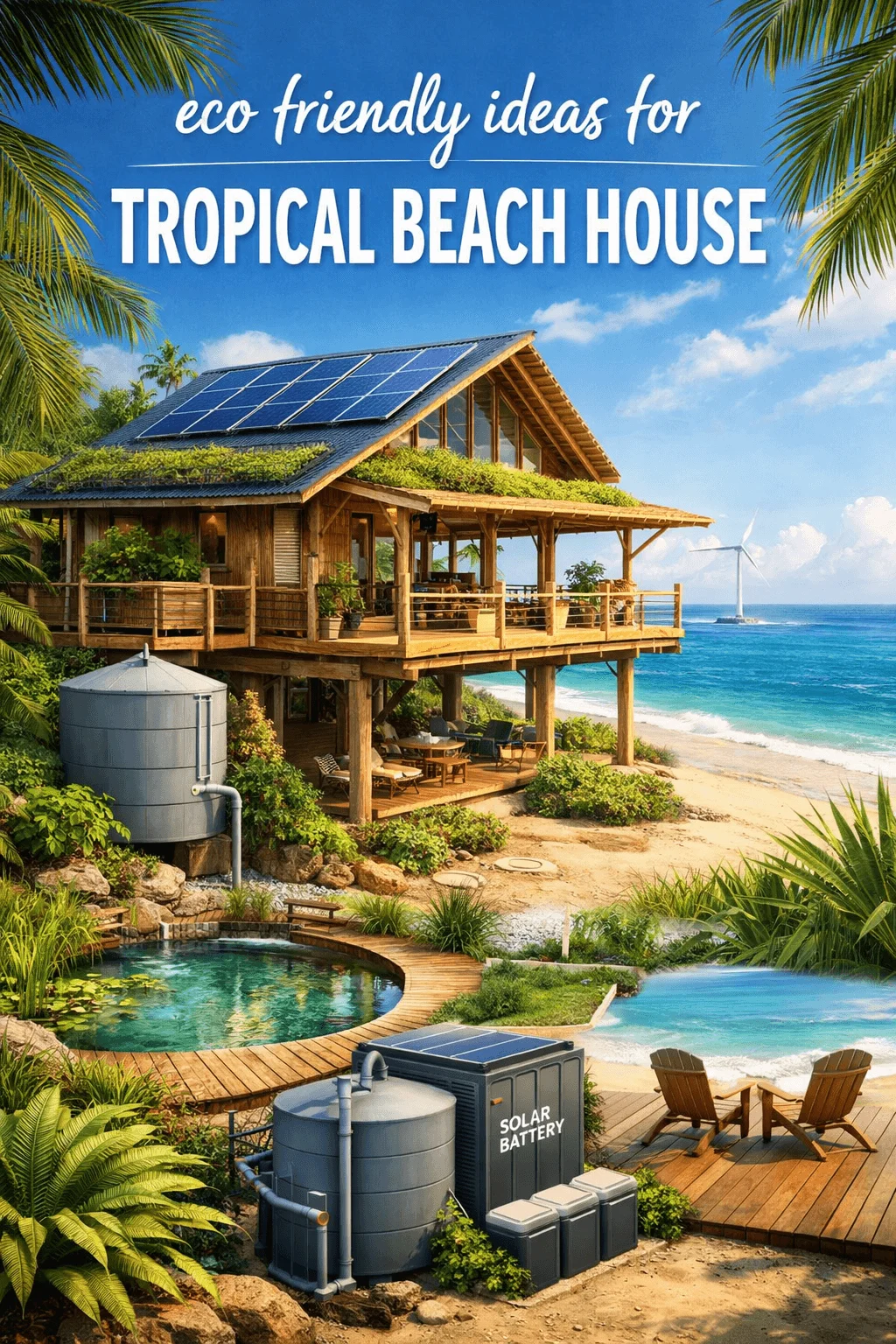 Illustrated concept poster reading “eco friendly ideas for tropical beach house” featuring a sustainable wooden beach home on stilts with rooftop solar panels, a green roof, rainwater collection tanks, solar battery storage, natural swimming pond, tropical landscaping, and a wind turbine offshore overlooking a sunny ocean shoreline