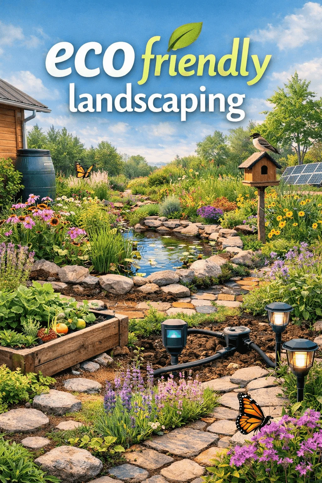 Eco friendly landscaping scene with a backyard garden featuring a small pond surrounded by stones colorful native flowers a butterfly birdhouse with a bird on top solar panels rain barrel raised vegetable bed solar pathway lights and a drip irrigation system under a bright blue sky