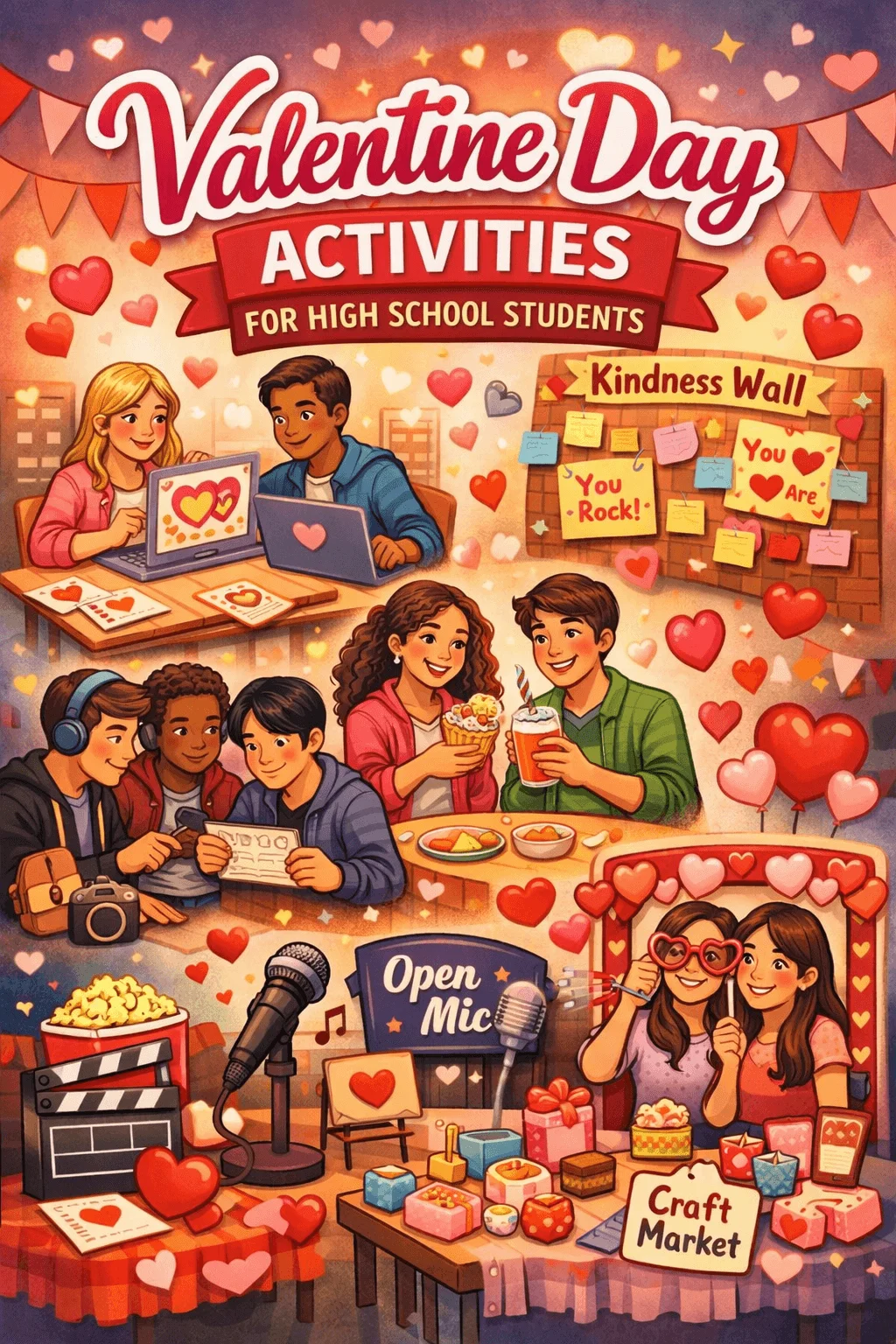 Illustration of Valentine’s Day activities for high school students with teens creating cards, posting notes on a kindness wall, sharing snacks, enjoying an open mic event, and browsing a craft market surrounded by hearts and festive decorations