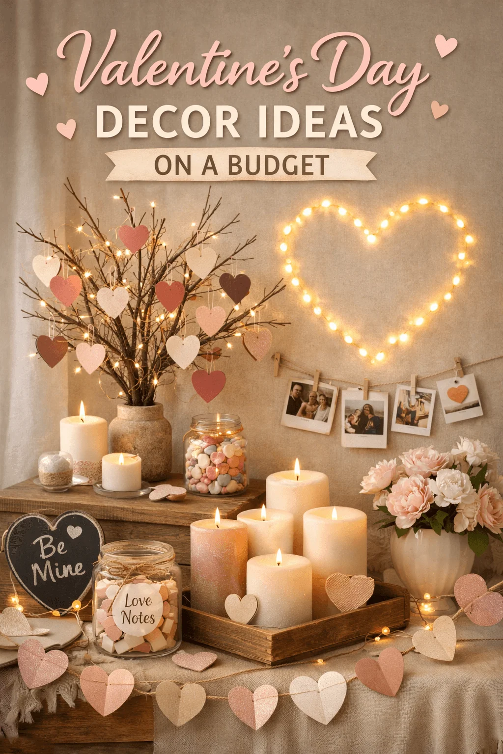 Valentine’s Day decor ideas on a budget with candles heart garlands fairy lights framed photos and pastel floral accents on a cozy table setup