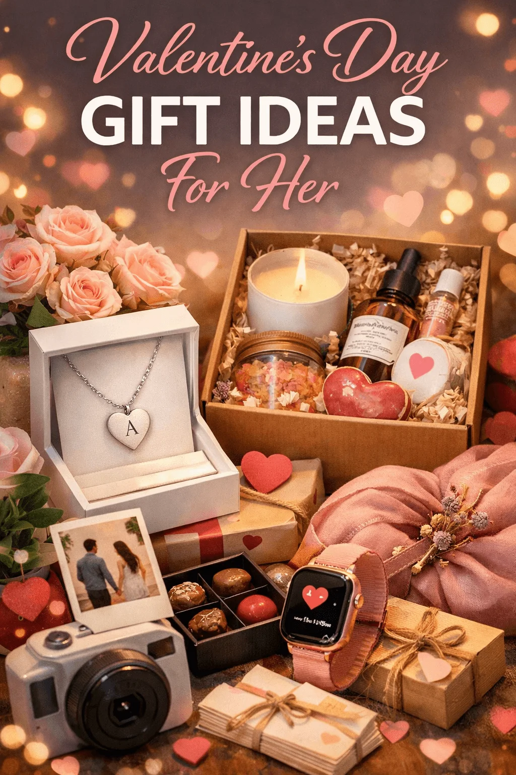 Flat lay of Valentine’s Day gift ideas for her featuring roses, a heart necklace in a jewelry box, candles, chocolates, skincare products, a smartwatch, a camera, wrapped presents, and a romantic photo with soft heart bokeh lights in the background