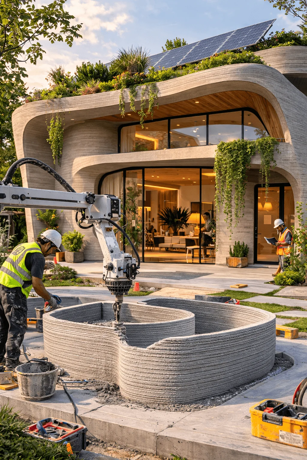 Robotic 3D printing of a sustainable home structure using layered concrete technology, with a modern eco-friendly house featuring solar panels and green roof vegetation in the background.