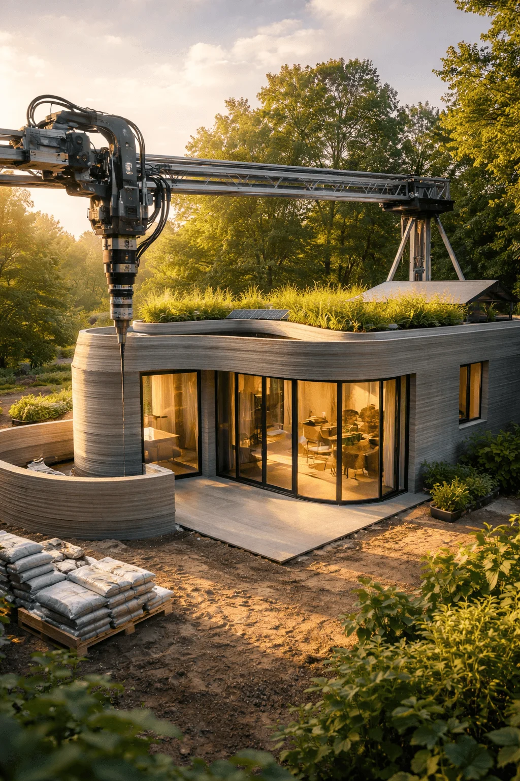 3D printer constructing a curved eco-friendly house with large glass windows and a green roof in a natural setting.