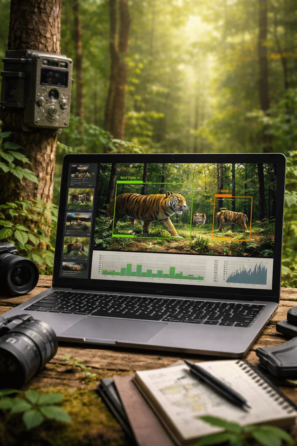 Laptop on a wooden table in a forest showing wildlife monitoring software detecting a tiger on screen with data charts while a trail camera is mounted on a nearby tree and camera gear and a notebook rest beside the laptop in a natural research setting