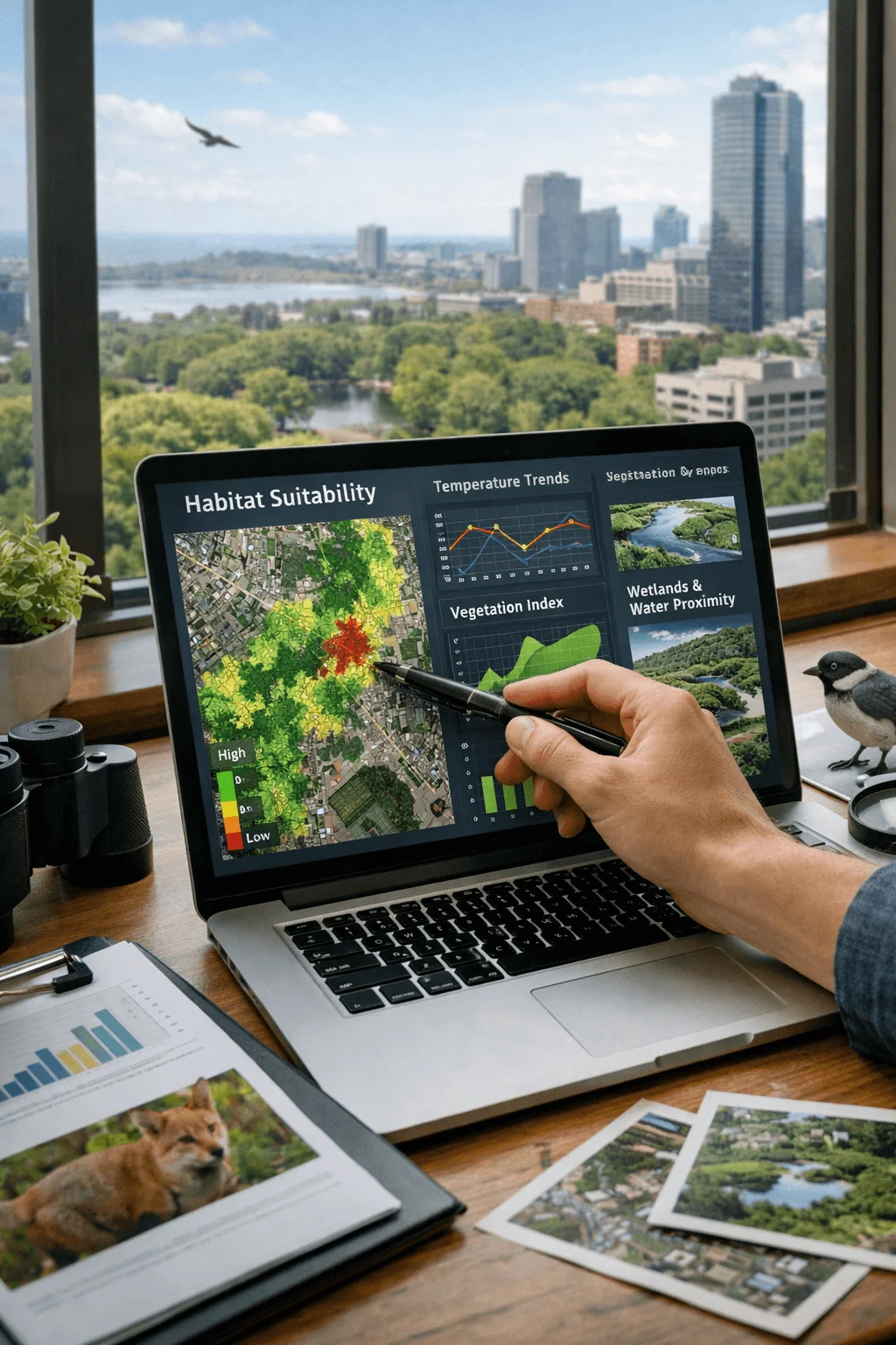 Researcher analyzing urban biodiversity data on a laptop showing habitat suitability maps temperature trends vegetation index and wetlands proximity while overlooking a city landscape with parks and water in the distance